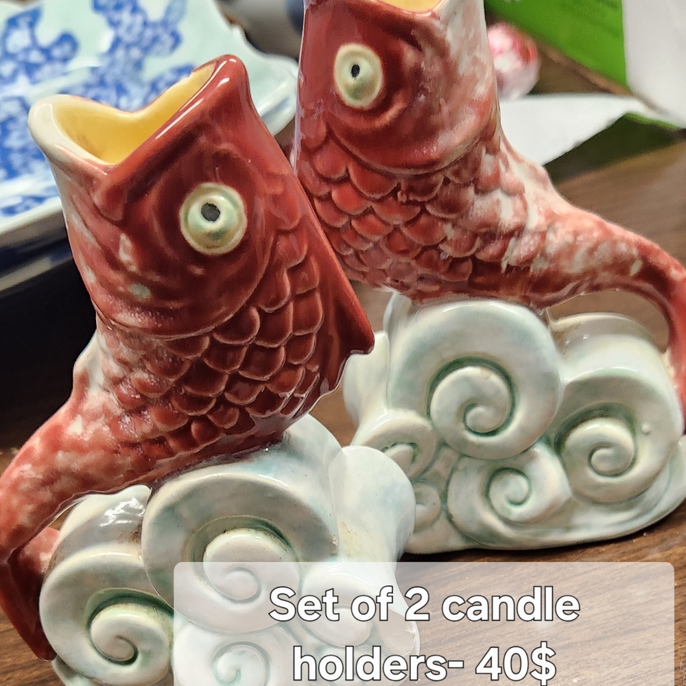 Red Ceramic Fish Candle Holders - Set of 2
